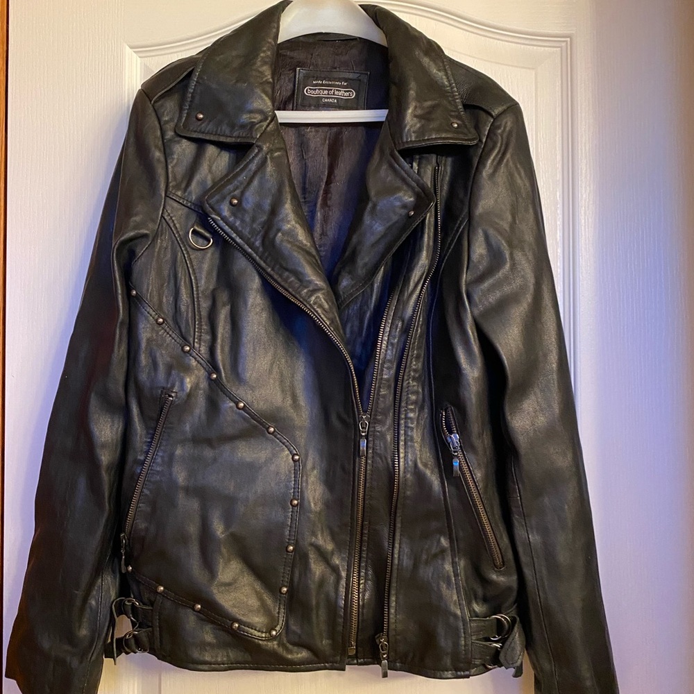 Black Leather Moto Jacket with Asymmetrical Zipper